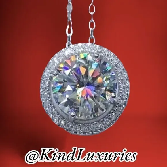 💎277💎 5ct Diamond Moissanite Halo Pendant Necklace 14K White Gold + Sterling